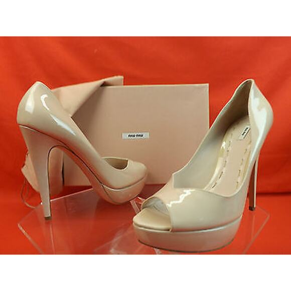 NIB MIU MIU PRADA NUDE BLUSH PATENT LEATHER PEEP TOE PLATFORM PUMPS 39 8.5